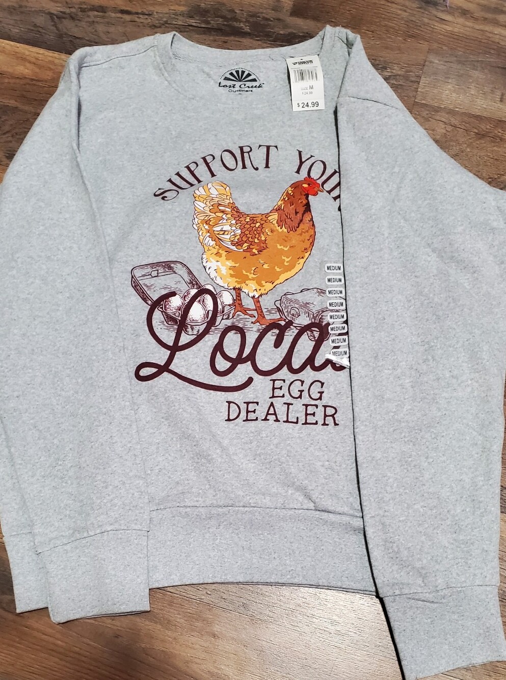 Lost Gray Crewneck Sweatshirt with Yellow & Brown Hen Graphic